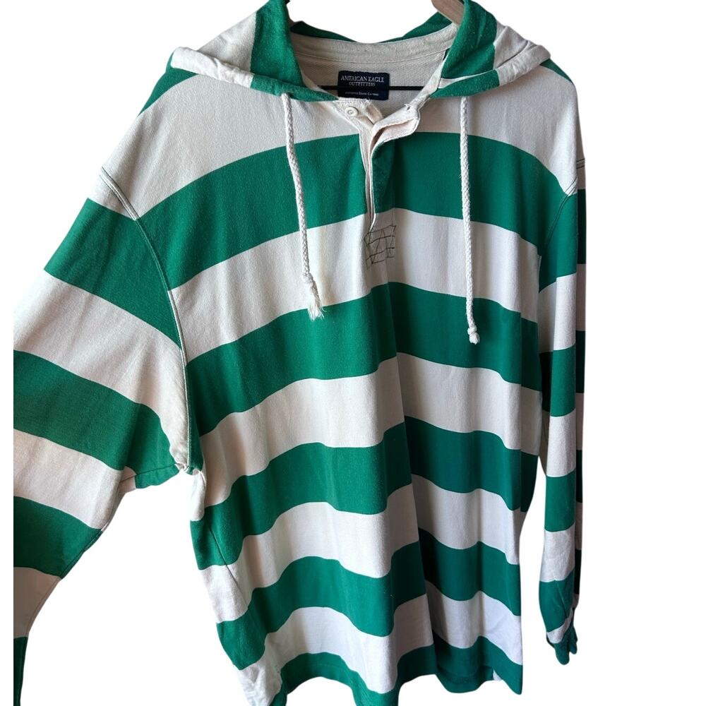 Vintage Y2k 90s American Eagle Green White Striped Rugby Hoodie XXXL 3X